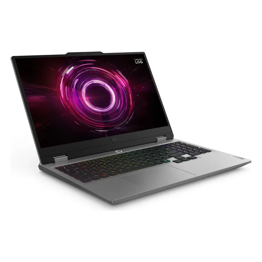 PC portable Lenovo LOQ 15 gris ouvert, vu de trois quarts