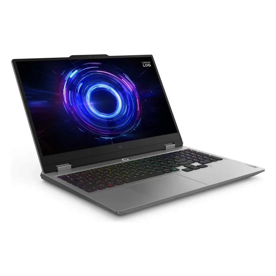 PC portable Lenovo LOQ 15 ouvert, vu de trois quarts