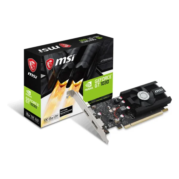Carte graphique GeForce GT 1030 : modèle extra-plat MSI GeForce GT 1030 2G LP OC avec sa boîte