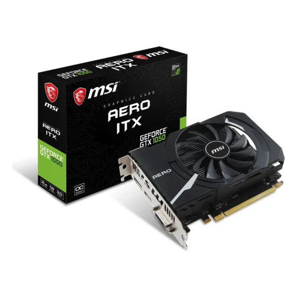 Carte graphique GeForce GTX 1050 : modèle compact MSI GeForce GTX 1050 AERO ITX 2G OC avec sa boîte