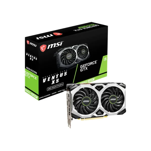 Carte graphique MSI GeForce GTX 1660 Super Ventus XS OC devant sa boîte