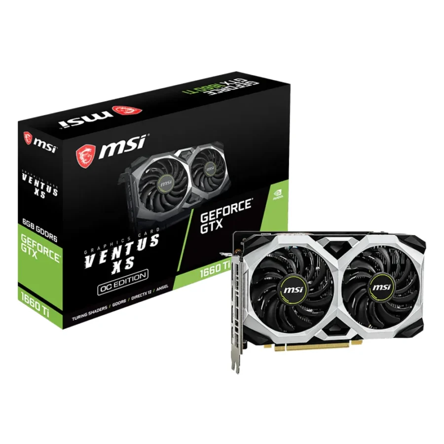 Carte graphique GeForce GTX 1660 Ti : modèle MSI GeForce GTX 1660 Ti Ventus XS 6G OC avec sa boîte