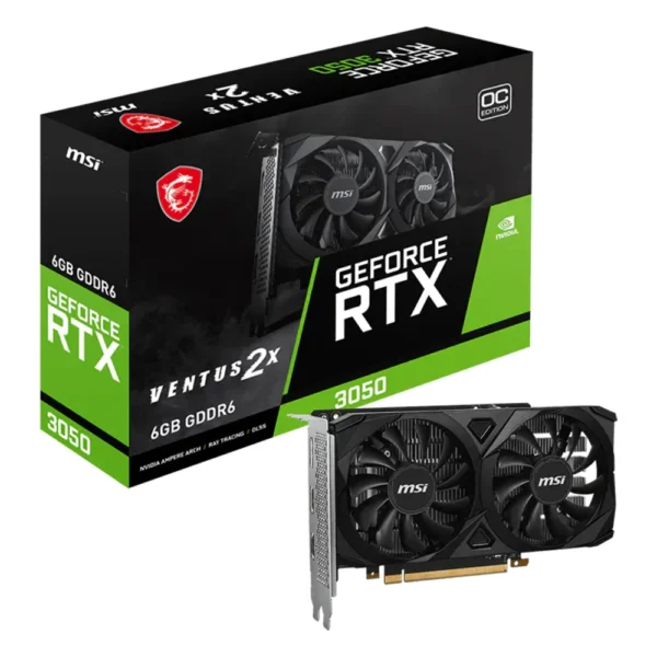 Carte graphique GeForce RTX 3050 6 Go : modèle MSI GeForce RTX 3050 VENTUS 2X 6G OC avec sa boîte