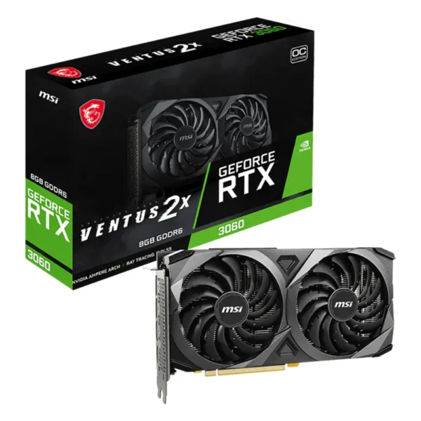 Carte graphique GeForce RTX 3060 8 Go : modèle MSI GeForce RTX 3060 VENTUS 2X 8G OC avec sa boîte