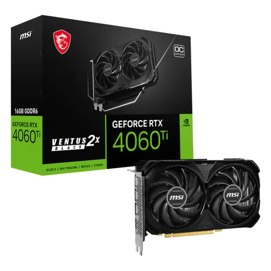 Carte graphique GeForce RTX 4060 Ti 16 Go : modèle MSI GeForce RTX 4060 Ti VENTUS 2X BLACK 16G OC avec sa boîte
