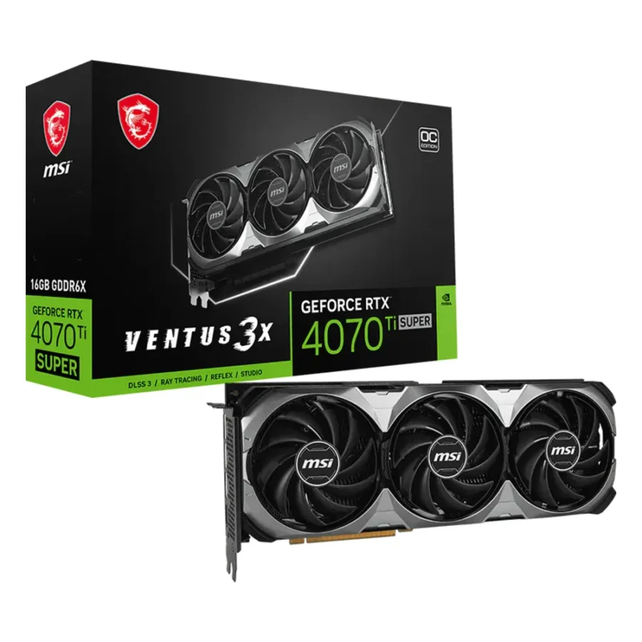 Carte graphique GeForce RTX 4070 Ti Super : modèle MSI GeForce RTX 4070 Ti Super 16G Ventus 3X OC avec sa boîte