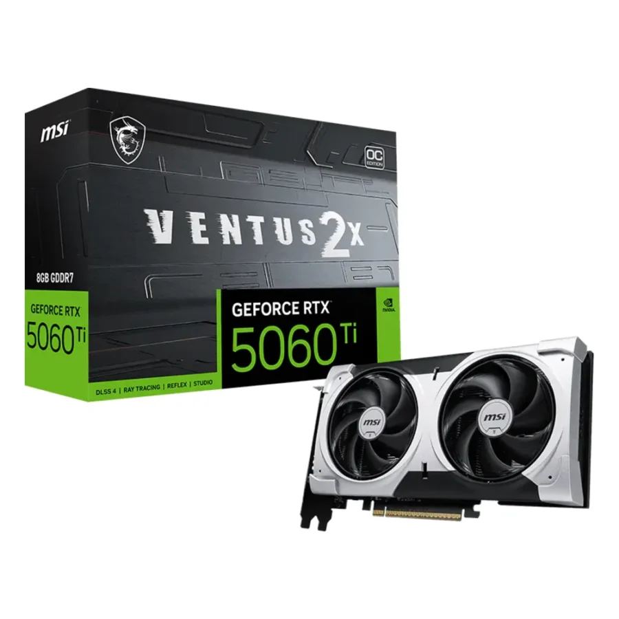 Carte graphique GeForce RTX 5060 Ti 8 Go : modèle MSI GeForce RTX 5060 Ti 8G VENTUS 2X OC PLUS avec sa boîte
