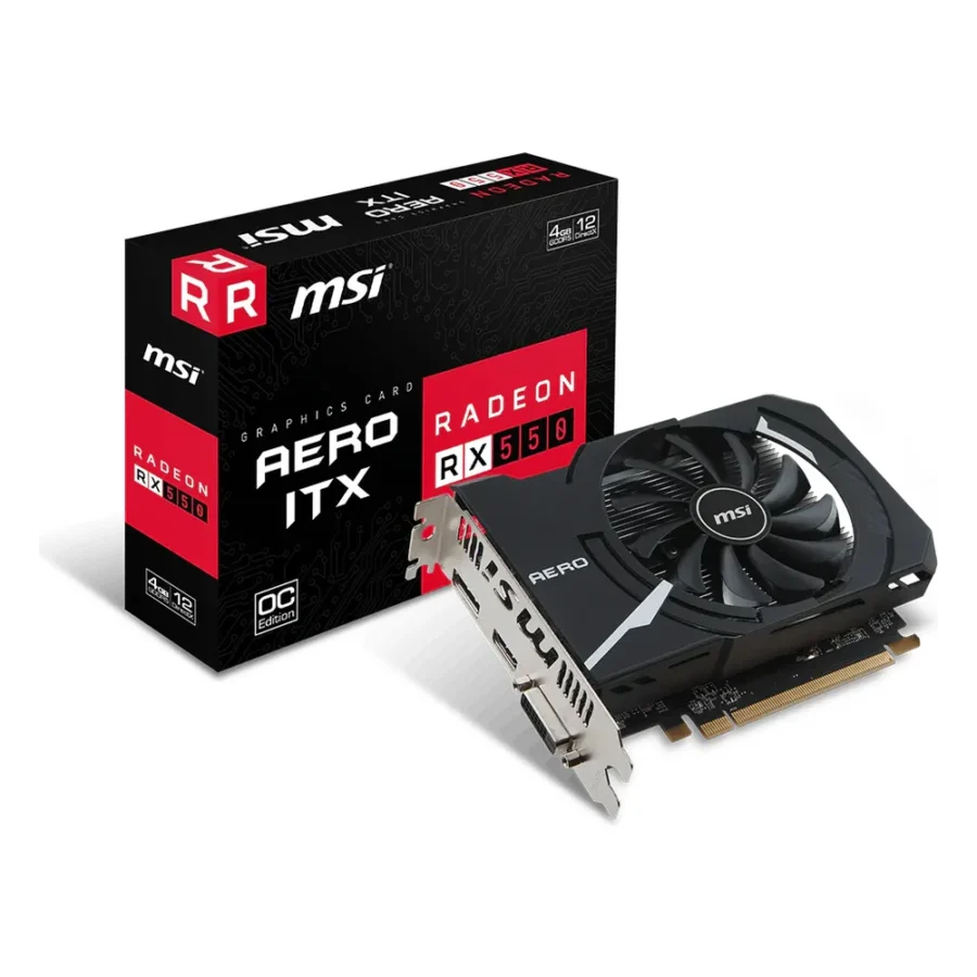 Carte graphique AMD Radeon RX 550 : modèle compact MSI Radeon RX 550 AERO ITX 4G OC avec sa boîte