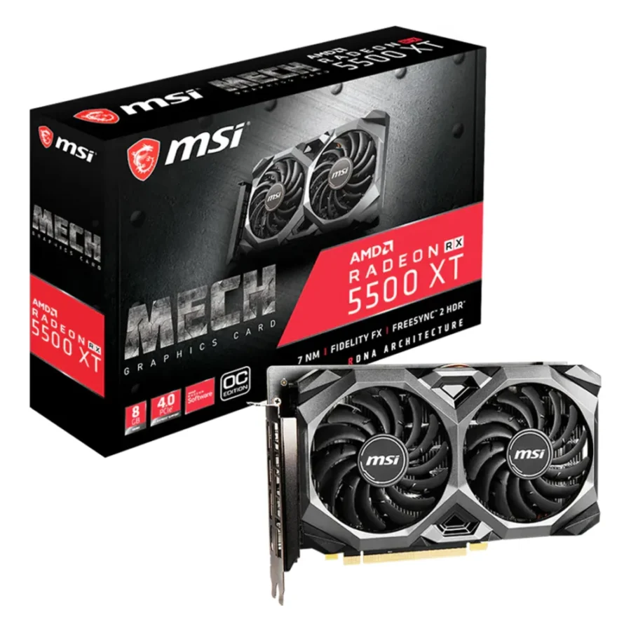 Carte graphique AMD Radeon RX 5500 XT 8 Go : modèle MSI Radeon RX 5500 XT MECH 8G OC avec sa boîte