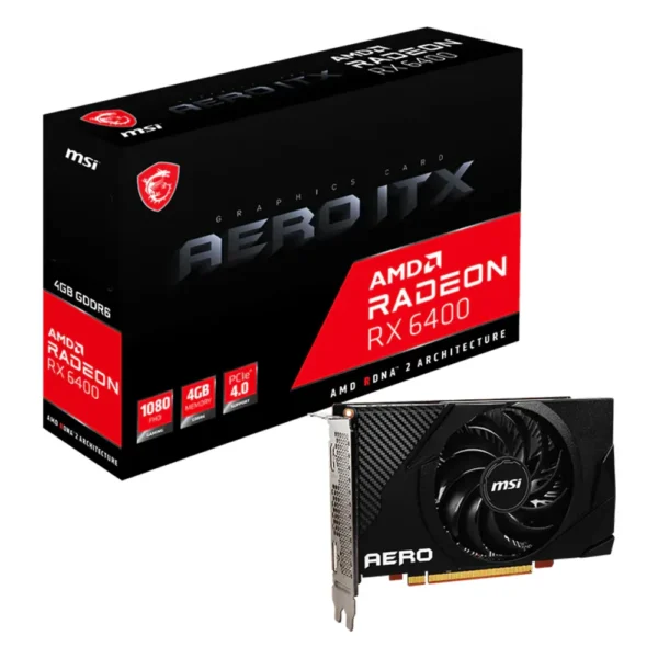 Carte graphique AMD Radeon RX 6400 : modèle compact MSI Radeon RX 6400 AERO ITX 4G avec sa boîte