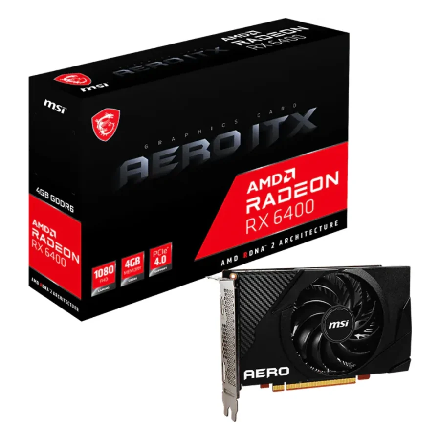 Carte graphique AMD Radeon RX 6400 : modèle compact MSI Radeon RX 6400 AERO ITX 4G avec sa boîte