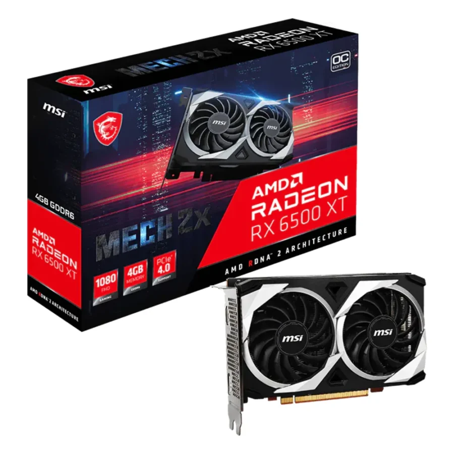Carte graphique AMD Radeon RX 6500 XT : modèle MSI Radeon RX 6500 XT MECH 2X 4G OC avec sa boîte