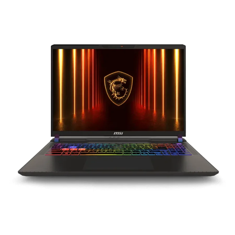 PC portable MSI Vector 16 HX AI ouvert, vu de face, clavier RGB