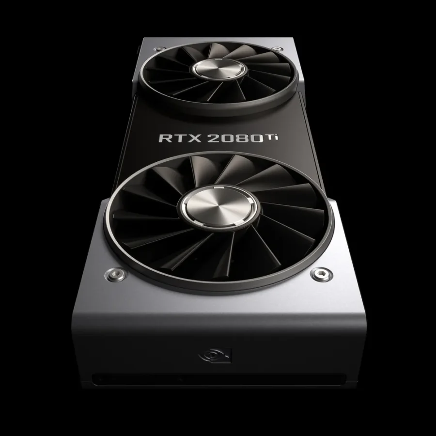 Carte graphique NVIDIA GeForce RTX 2080 Ti Founders Edition vue de face avec ses deux ventilateurs