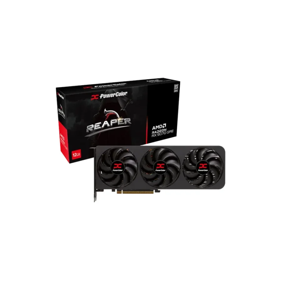 Carte graphique PowerColor Reaper Radeon RX 9070 GRE 12 Go devant sa boîte