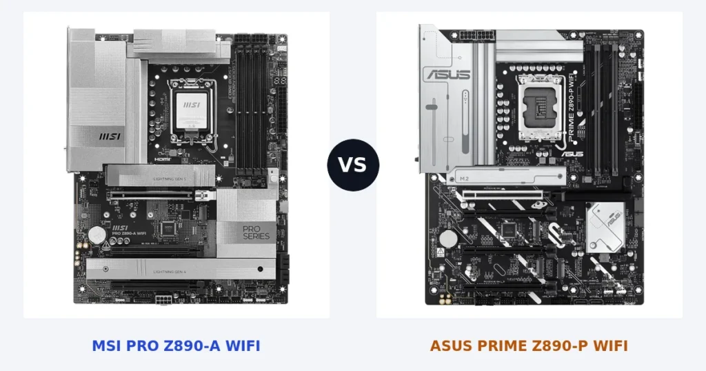 Cartes mères MSI PRO Z890-A WIFI et ASUS PRIME Z890-P WIFI, photos officielles côte à côte