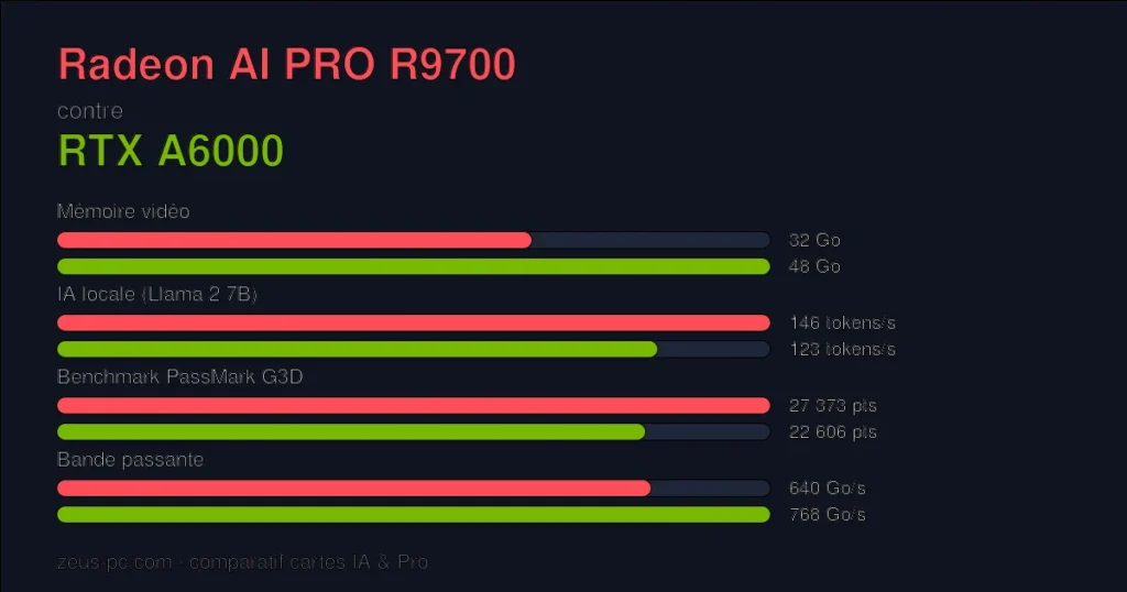 Comparatif Radeon AI PRO R9700 vs RTX A6000 : mémoire vidéo, IA locale, benchmark et bande passante