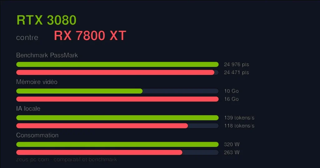 Comparatif RTX 3080 vs RX 7800 XT : score benchmark, mémoire vidéo et consommation