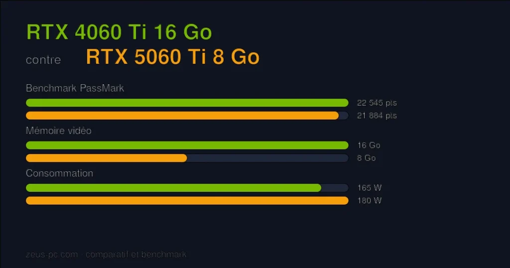 Comparatif RTX 4060 Ti 16 Go vs RTX 5060 Ti 8 Go : score benchmark, mémoire vidéo et consommation