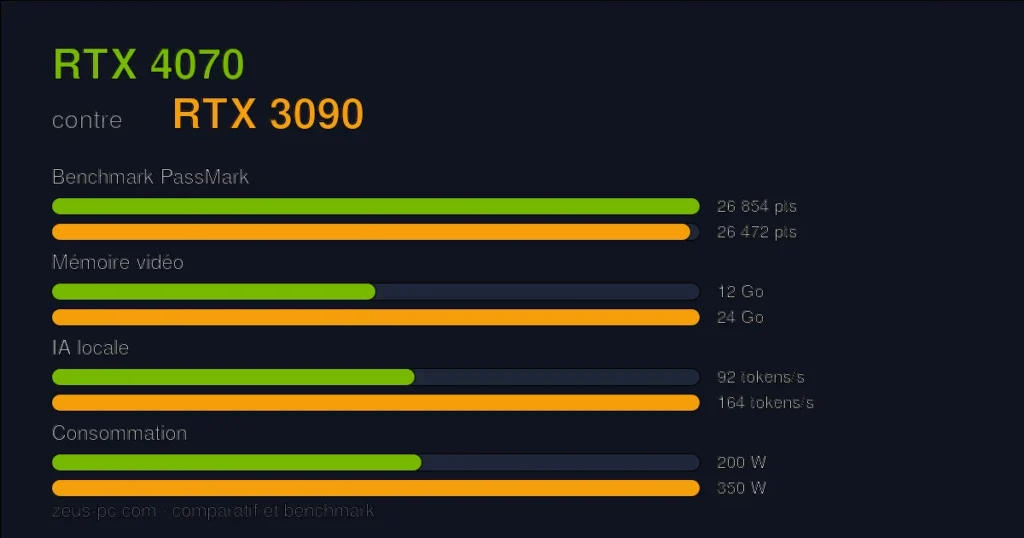 Comparatif RTX 4070 vs RTX 3090 : score benchmark, mémoire vidéo et consommation