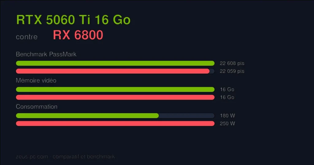 Comparatif RTX 5060 Ti 16 Go vs RX 6800 : score benchmark, mémoire vidéo et consommation