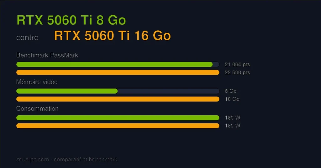 Comparatif RTX 5060 Ti 8 Go vs RTX 5060 Ti 16 Go : score benchmark, mémoire vidéo et consommation