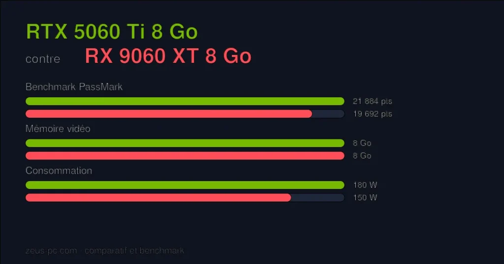 Comparatif RTX 5060 Ti 8 Go vs RX 9060 XT 8 Go : score benchmark, mémoire vidéo et consommation