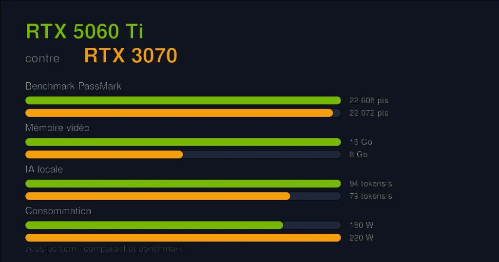 Comparatif RTX 5060 Ti vs RTX 3070 : score benchmark, mémoire vidéo et consommation