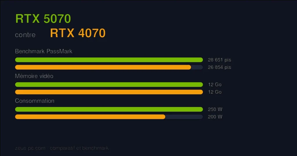 Comparatif RTX 5070 vs RTX 4070 : score benchmark, mémoire vidéo et consommation