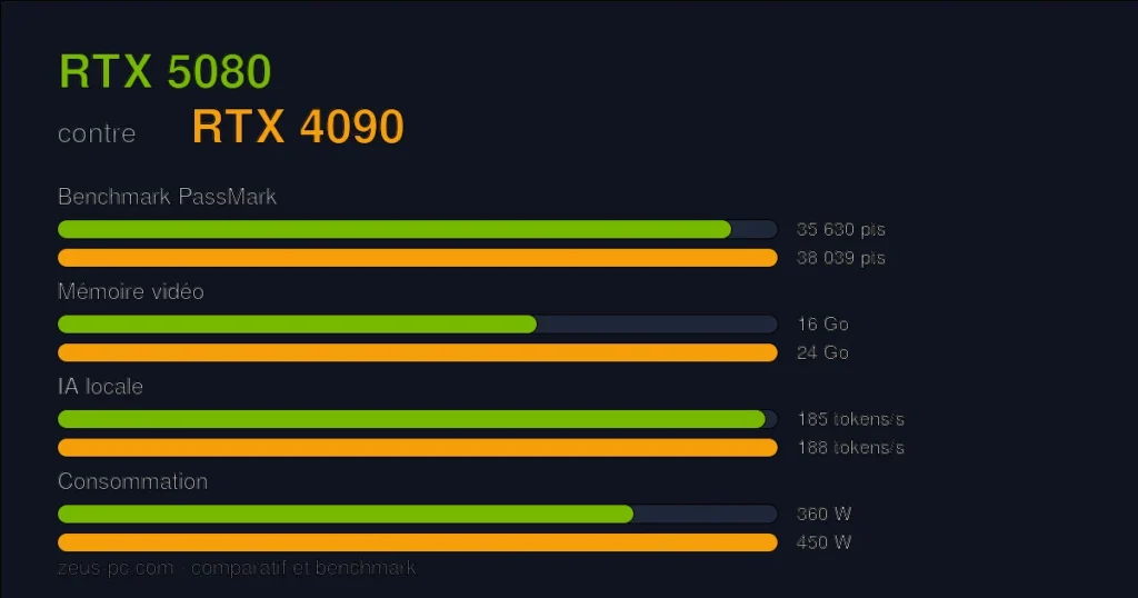 Comparatif RTX 5080 vs RTX 4090 : score benchmark, mémoire vidéo et consommation