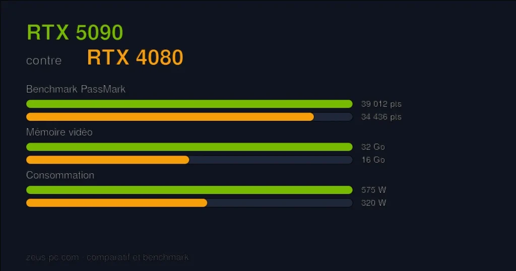 Comparatif RTX 5090 vs RTX 4080 : score benchmark, mémoire vidéo et consommation