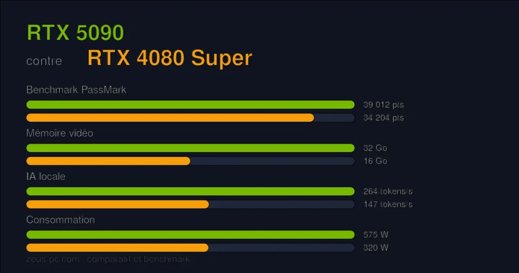 Comparatif RTX 5090 vs RTX 4080 Super : score benchmark, mémoire vidéo et consommation