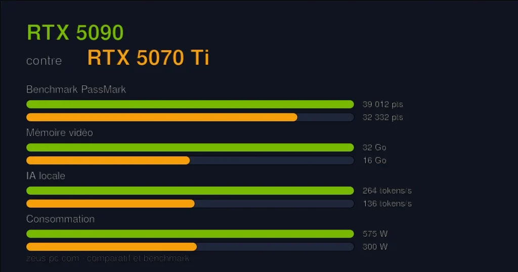 Comparatif RTX 5090 vs RTX 5070 Ti : score benchmark, mémoire vidéo et consommation