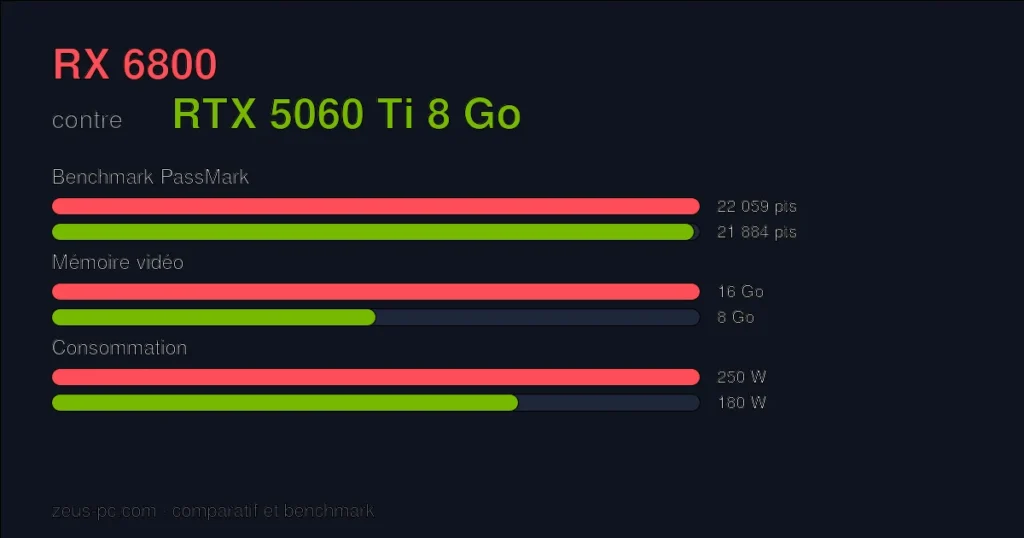 Comparatif RX 6800 vs RTX 5060 Ti 8 Go : score benchmark, mémoire vidéo et consommation