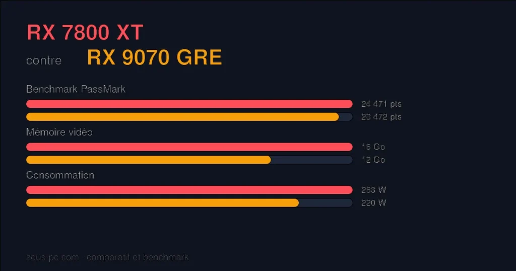 Comparatif RX 7800 XT vs RX 9070 GRE : score benchmark, mémoire vidéo et consommation