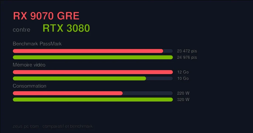 Comparatif RX 9070 GRE vs RTX 3080 : score benchmark, mémoire vidéo et consommation