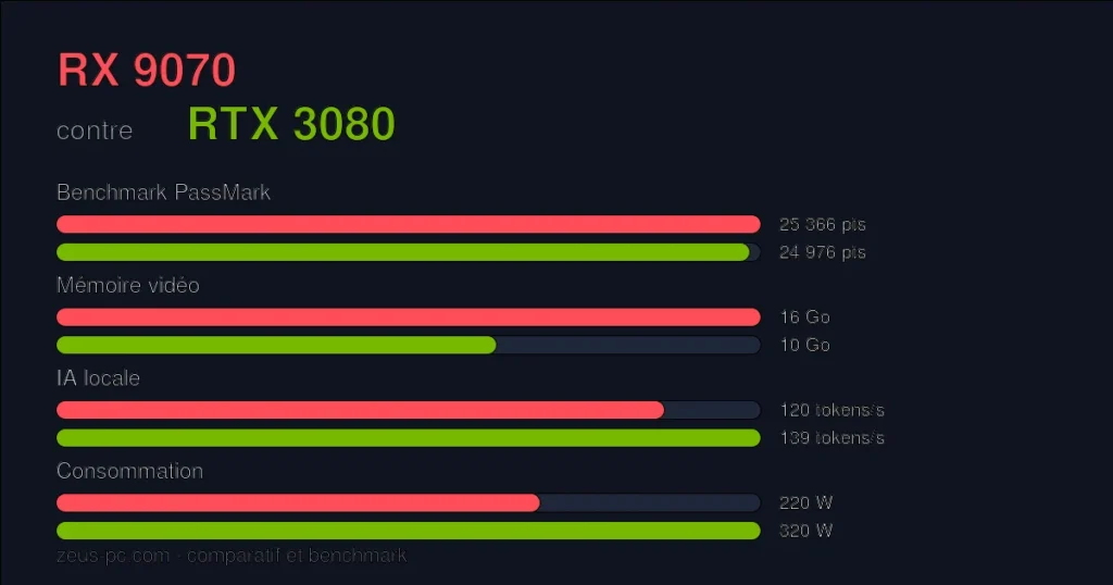 Comparatif RX 9070 vs RTX 3080 : score benchmark, mémoire vidéo et consommation