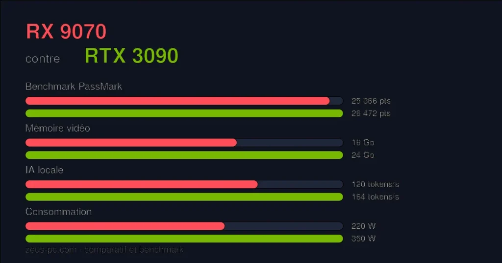 Comparatif RX 9070 vs RTX 3090 : score benchmark, mémoire vidéo et consommation