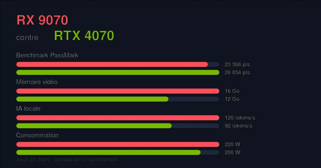Comparatif RX 9070 vs RTX 4070 : score benchmark, mémoire vidéo et consommation
