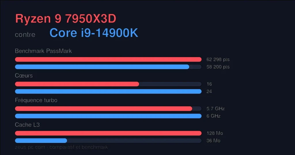 Comparatif Ryzen 9 7950X3D vs Core i9-14900K : score benchmark, cœurs, fréquence et cache