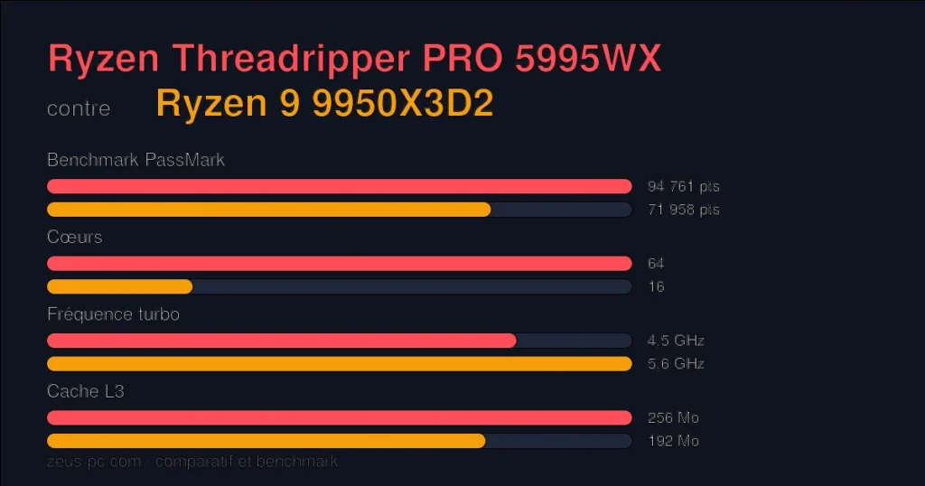 Comparatif Ryzen Threadripper PRO 5995WX vs Ryzen 9 9950X3D2 : score benchmark, cœurs, fréquence et cache