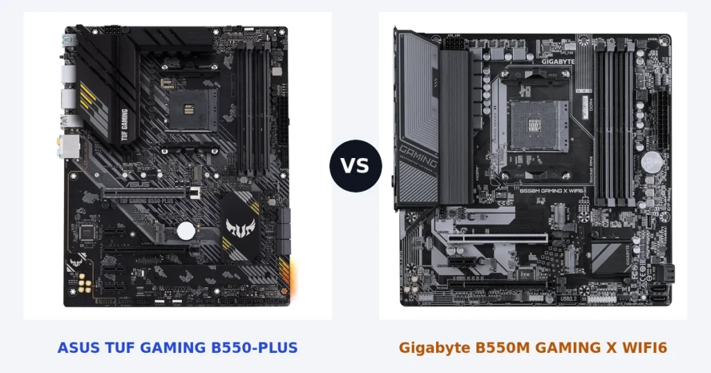Cartes mères ASUS TUF GAMING B550-PLUS et Gigabyte B550M GAMING X WIFI6, photos officielles côte à côte