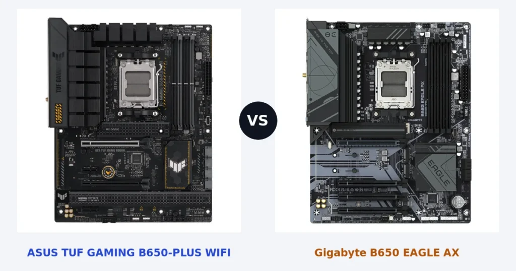 Cartes mères ASUS TUF GAMING B650-PLUS WIFI et Gigabyte B650 EAGLE AX, photos officielles côte à côte