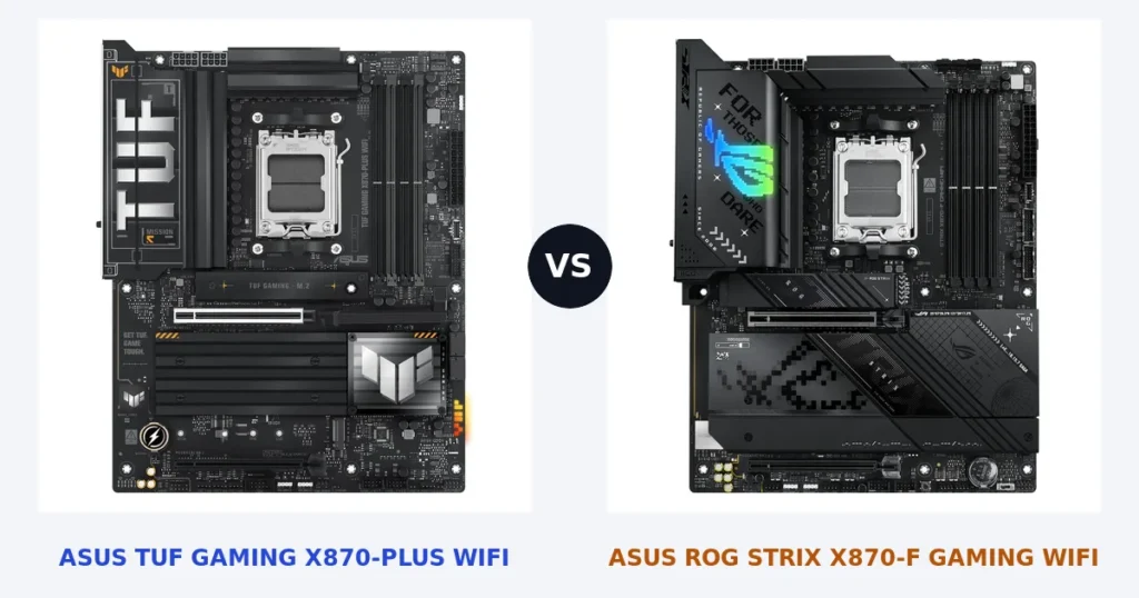 Cartes mères ASUS TUF GAMING X870-PLUS WIFI et ASUS ROG STRIX X870-F GAMING WIFI, photos officielles côte à côte