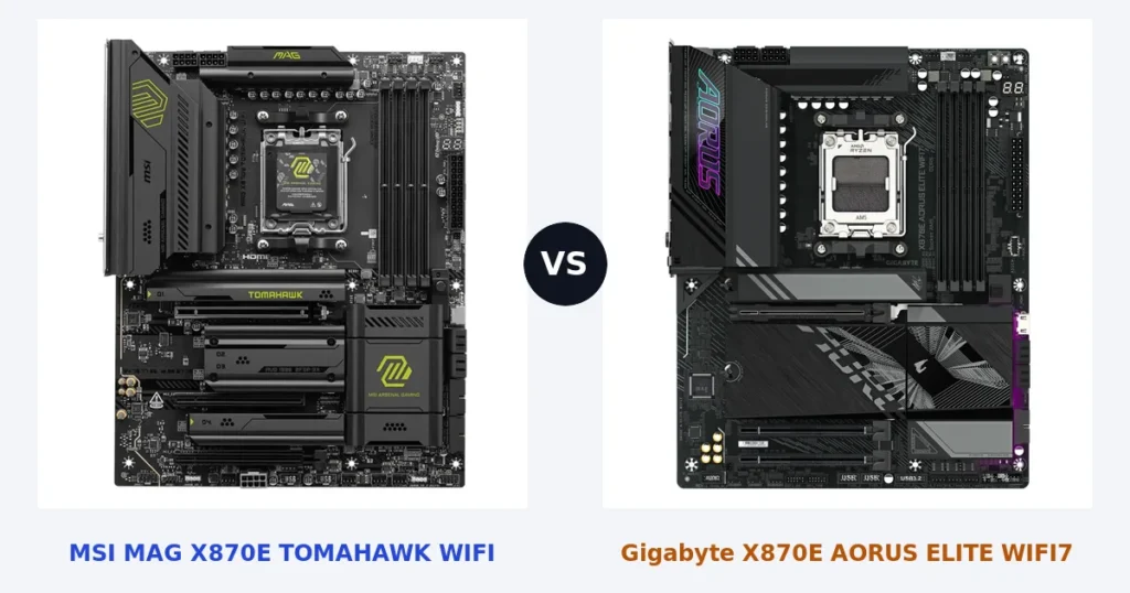 Cartes mères MSI MAG X870E TOMAHAWK WIFI et Gigabyte X870E AORUS ELITE WIFI7, photos officielles côte à côte