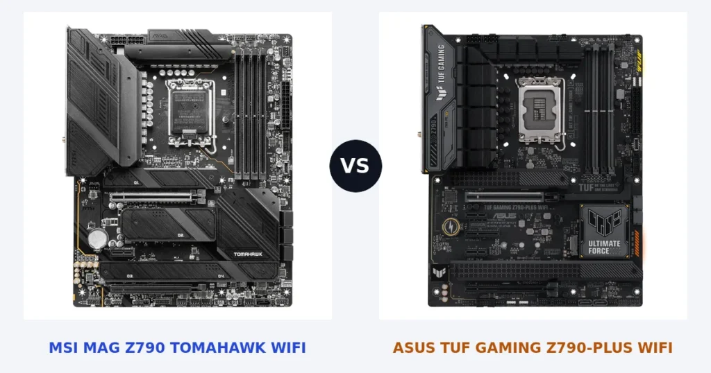 Cartes mères MSI MAG Z790 TOMAHAWK WIFI et ASUS TUF GAMING Z790-PLUS WIFI, photos officielles côte à côte